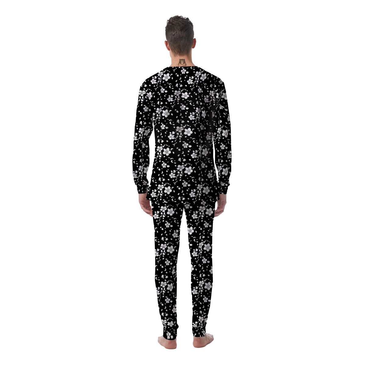 Cherry Blossom White And Black Print Men's Pajamas-grizzshop