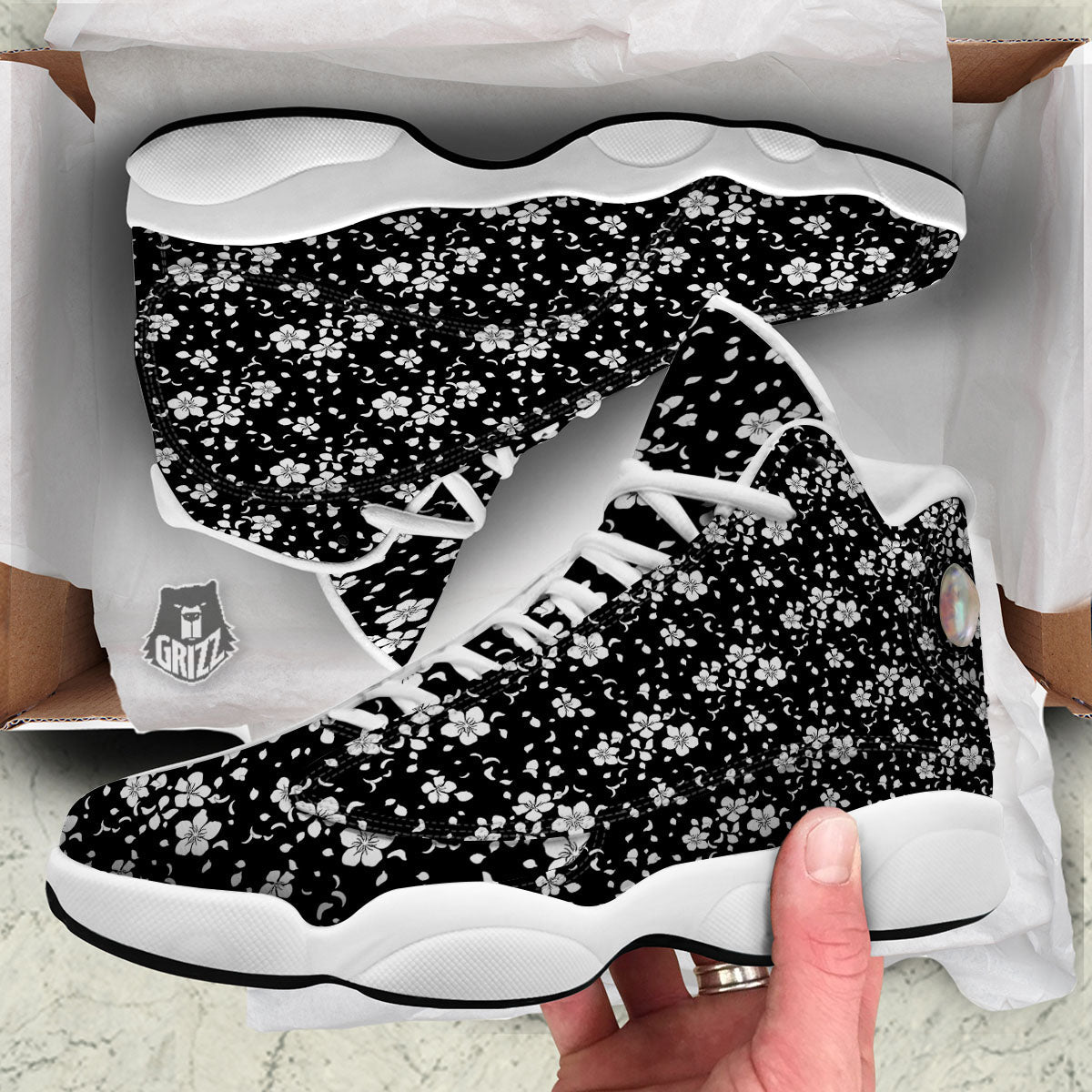 Cherry Blossom White And Black Print White Basketball Shoes-grizzshop