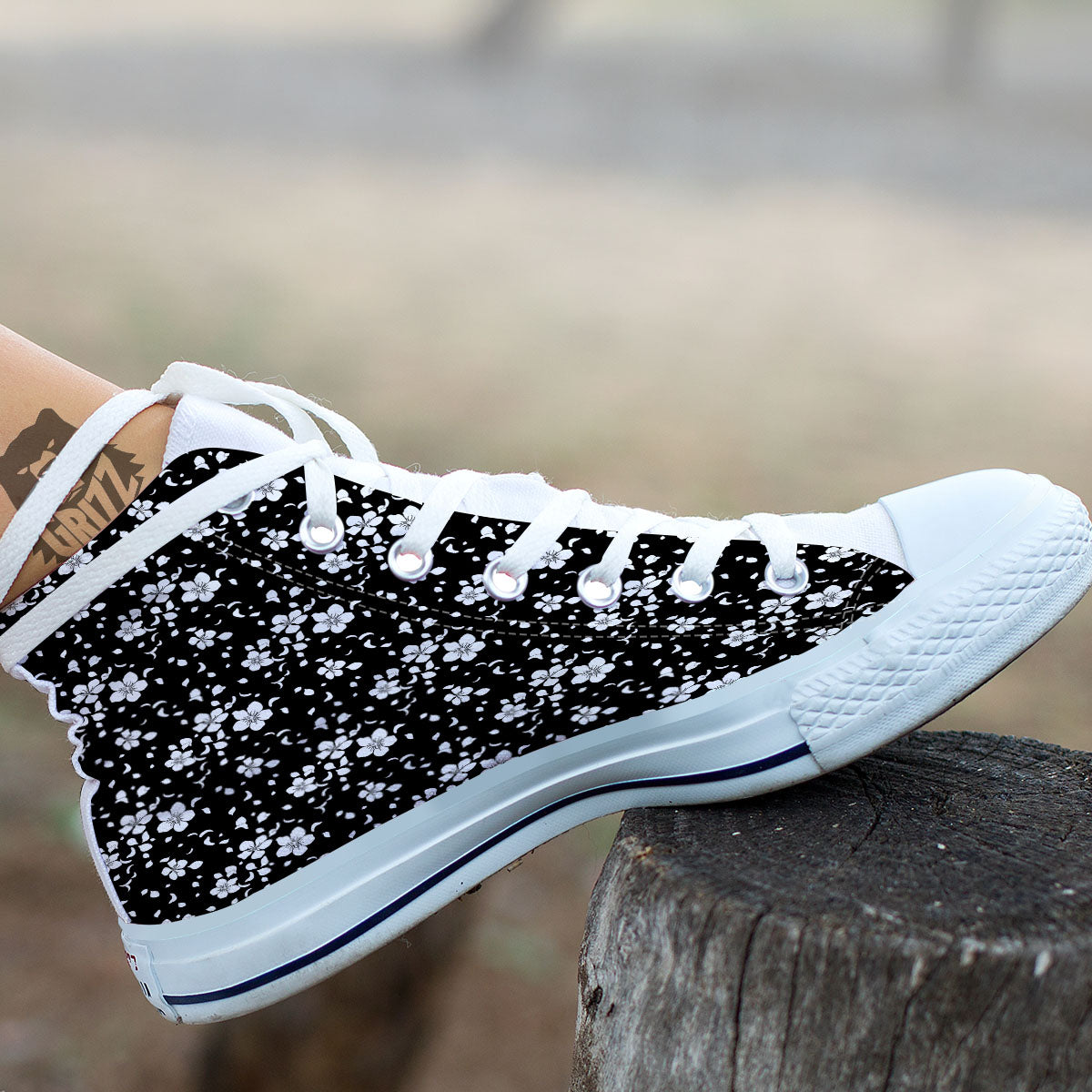 Cherry Blossom White And Black Print White High Top Shoes-grizzshop