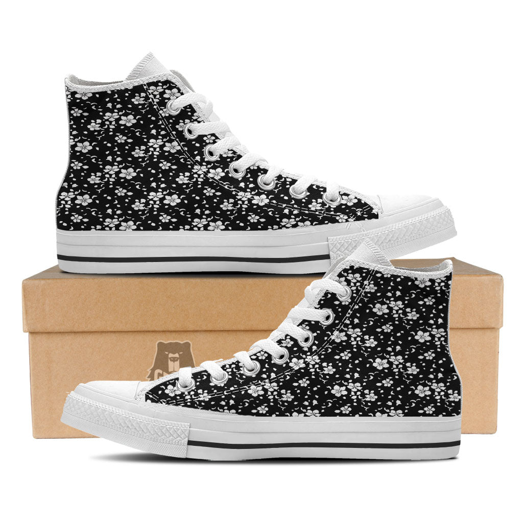 Cherry Blossom White And Black Print White High Top Shoes-grizzshop