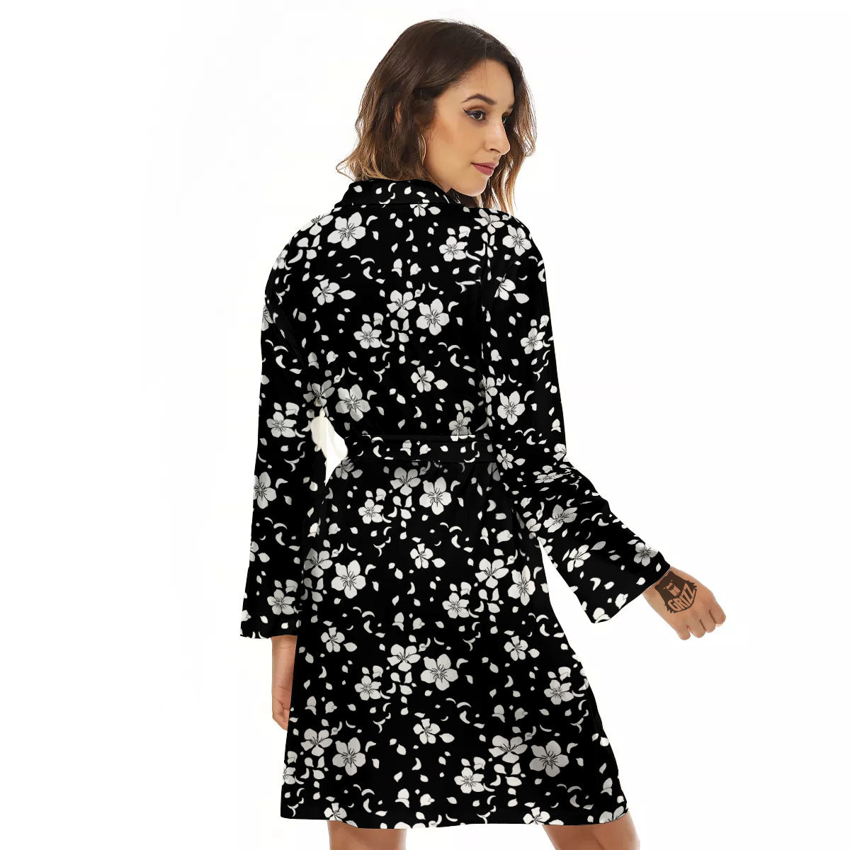 Cherry Blossom White And Black Print Women's Robe-grizzshop