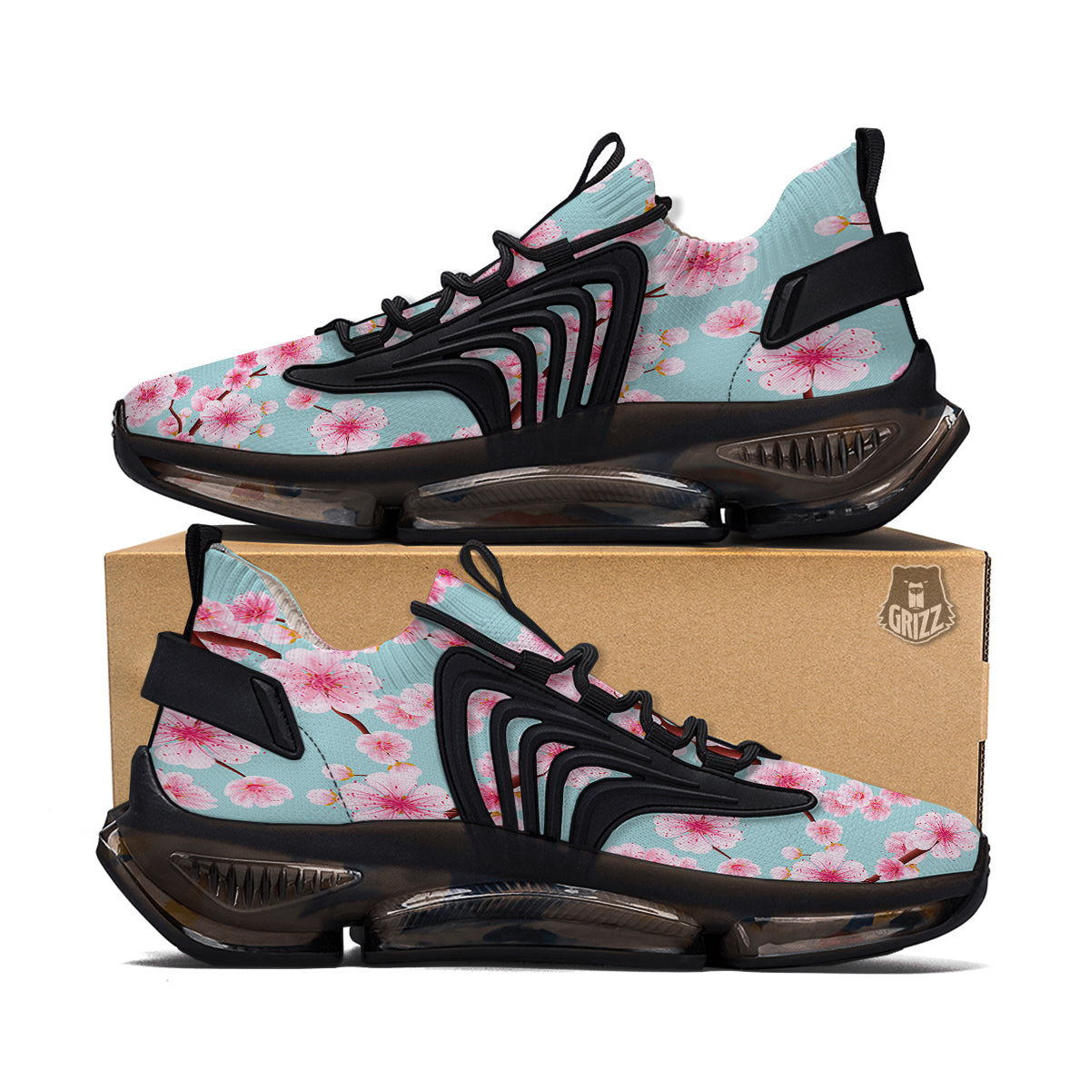 Cherry Blossom White Print Pattern Black Gym Shoes-grizzshop