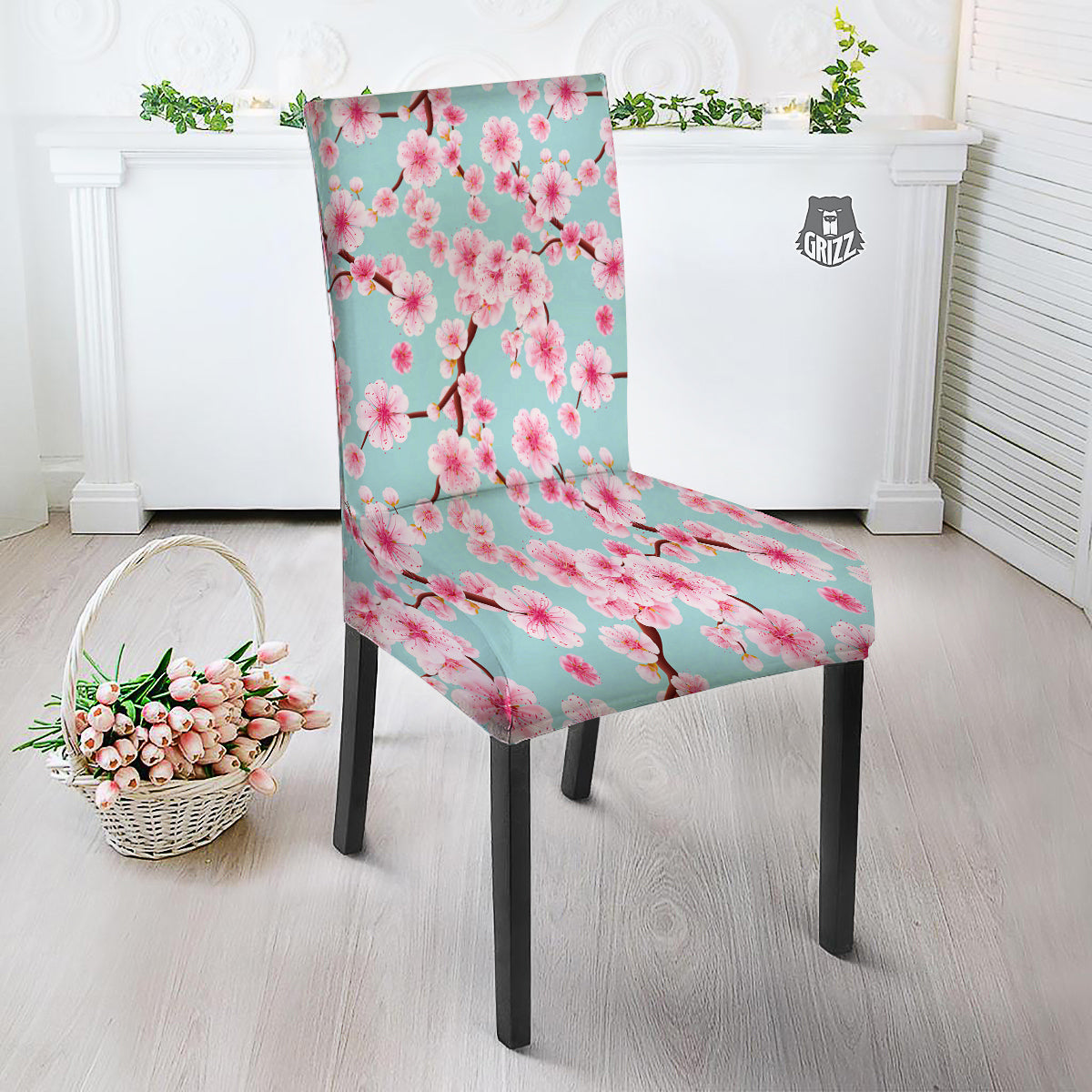 Cherry Blossom White Print Pattern Dining Chair Slipcover-grizzshop