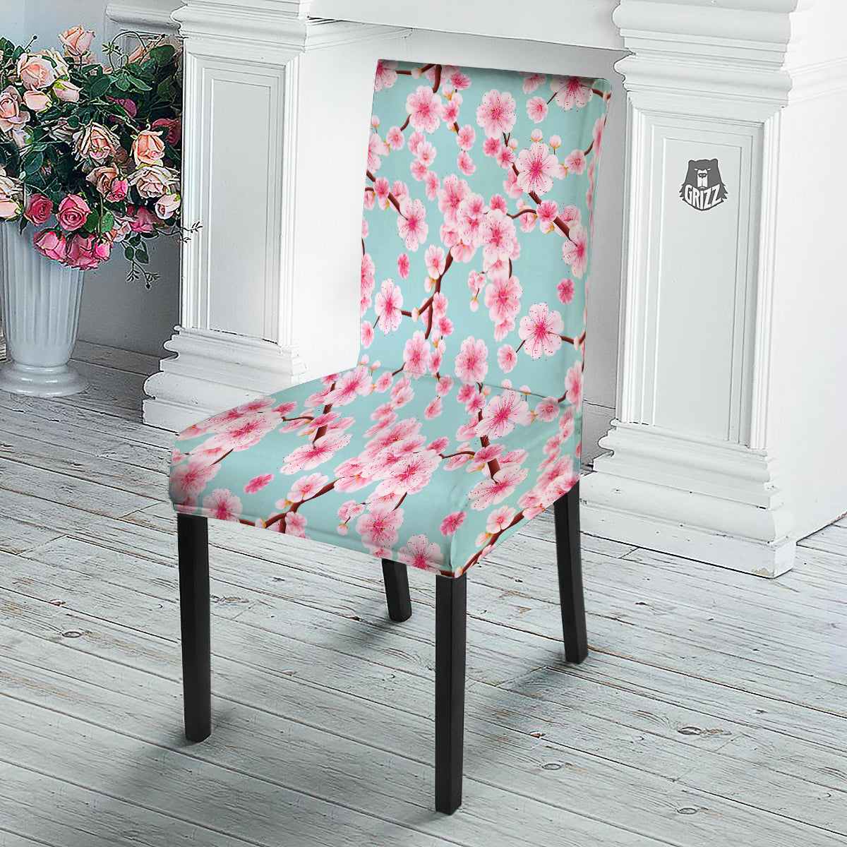 Cherry Blossom White Print Pattern Dining Chair Slipcover-grizzshop