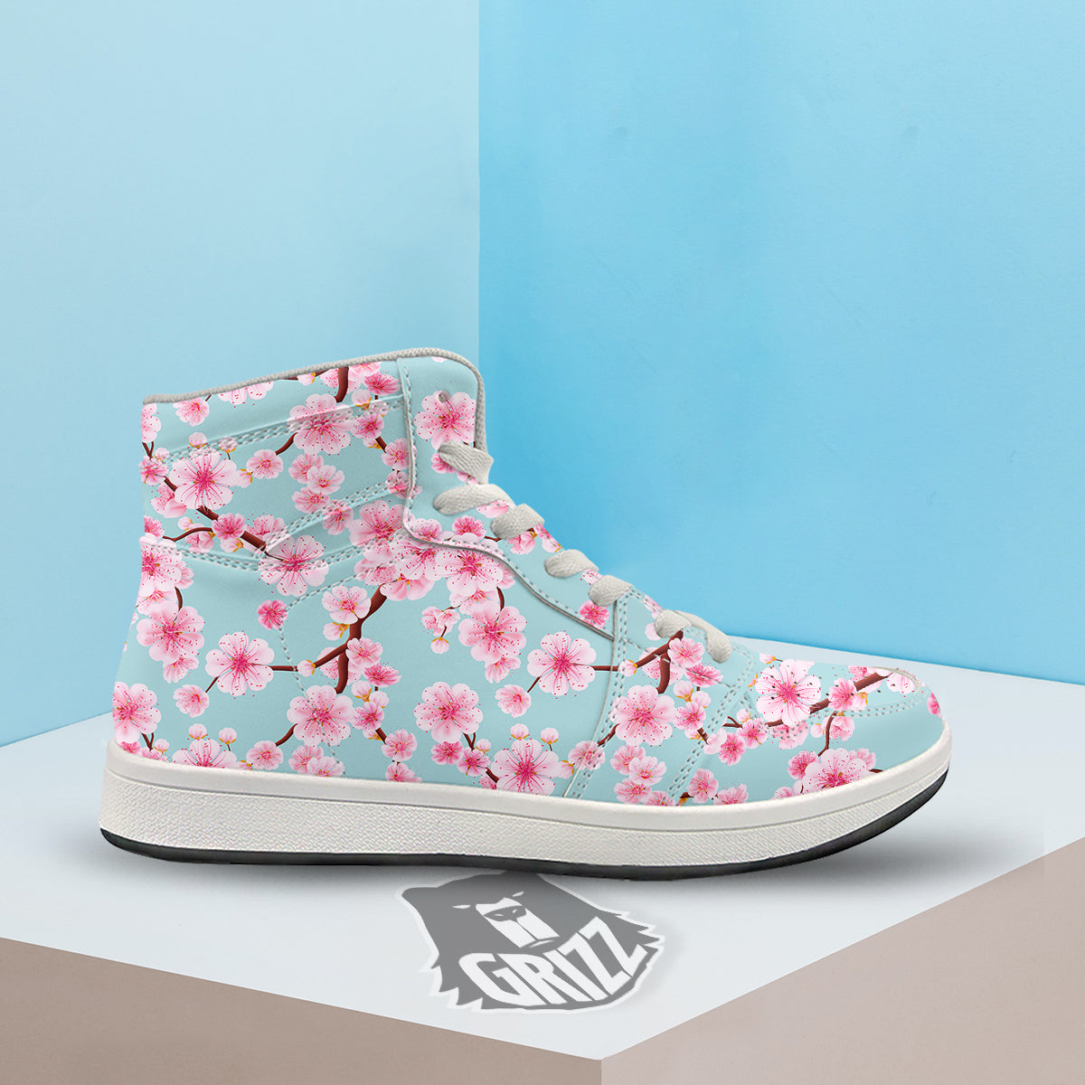 Cherry Blossom White Print Pattern High Top Sneakers-grizzshop