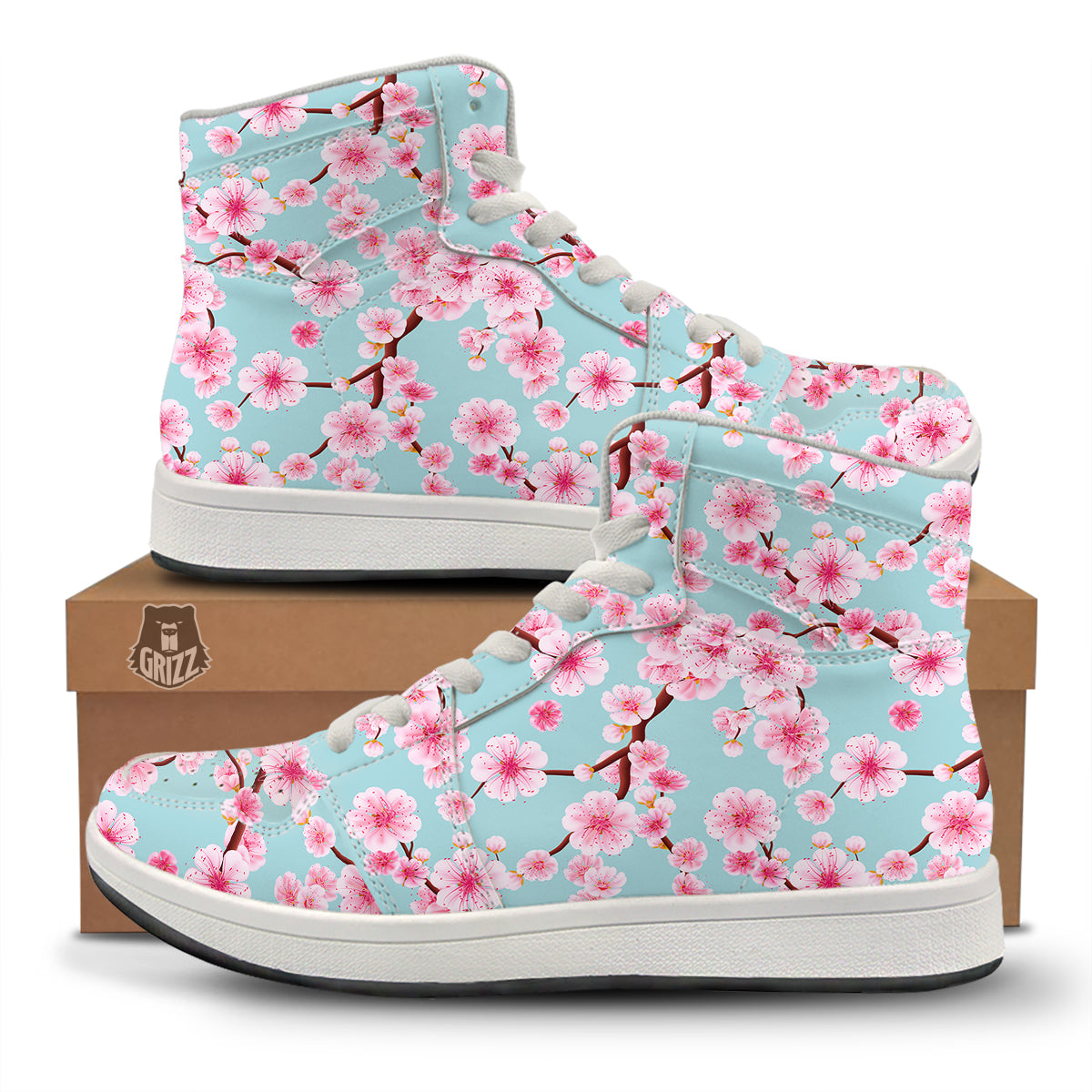 Cherry Blossom White Print Pattern High Top Sneakers-grizzshop