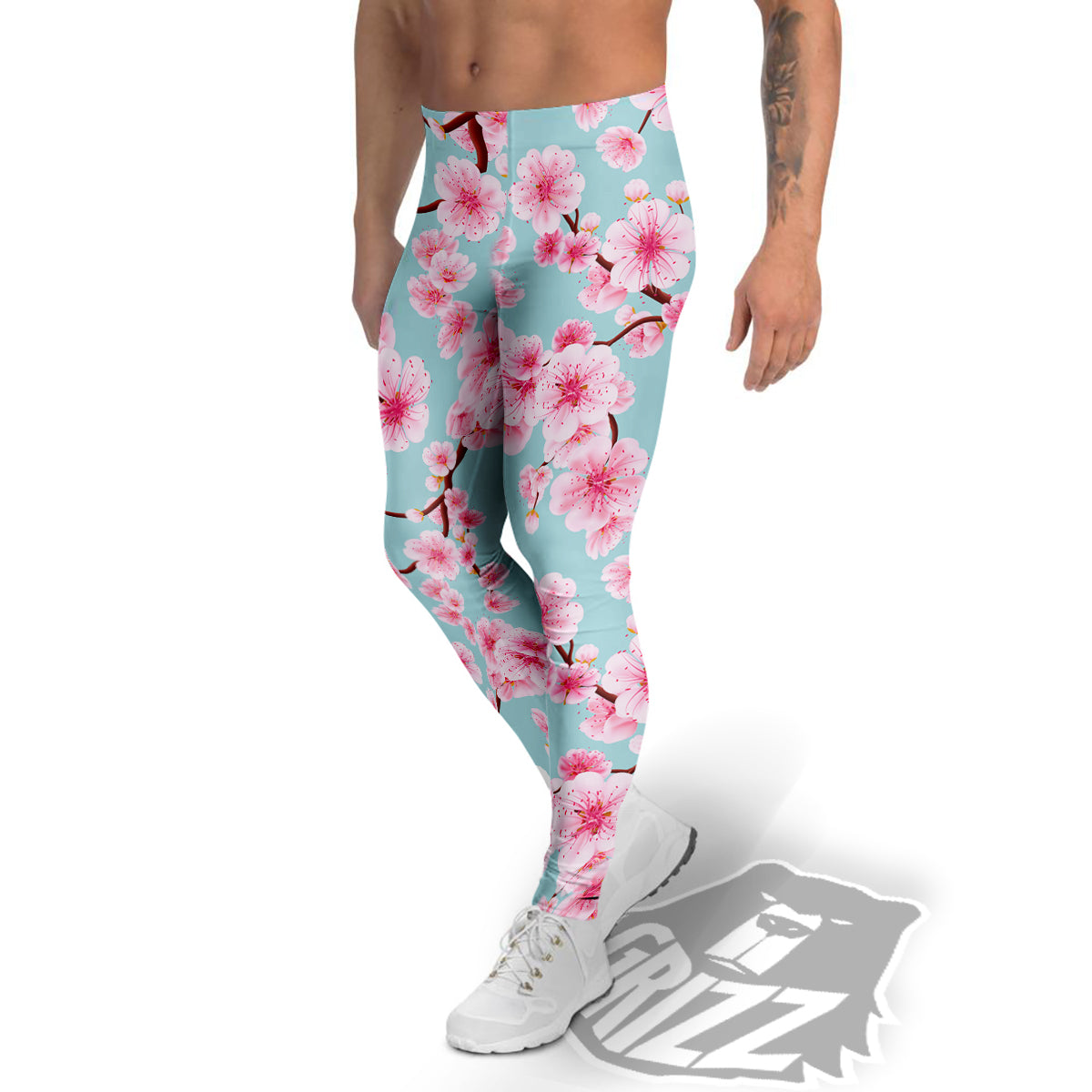 Cherry Blossom White Print Pattern Men's Leggings-grizzshop