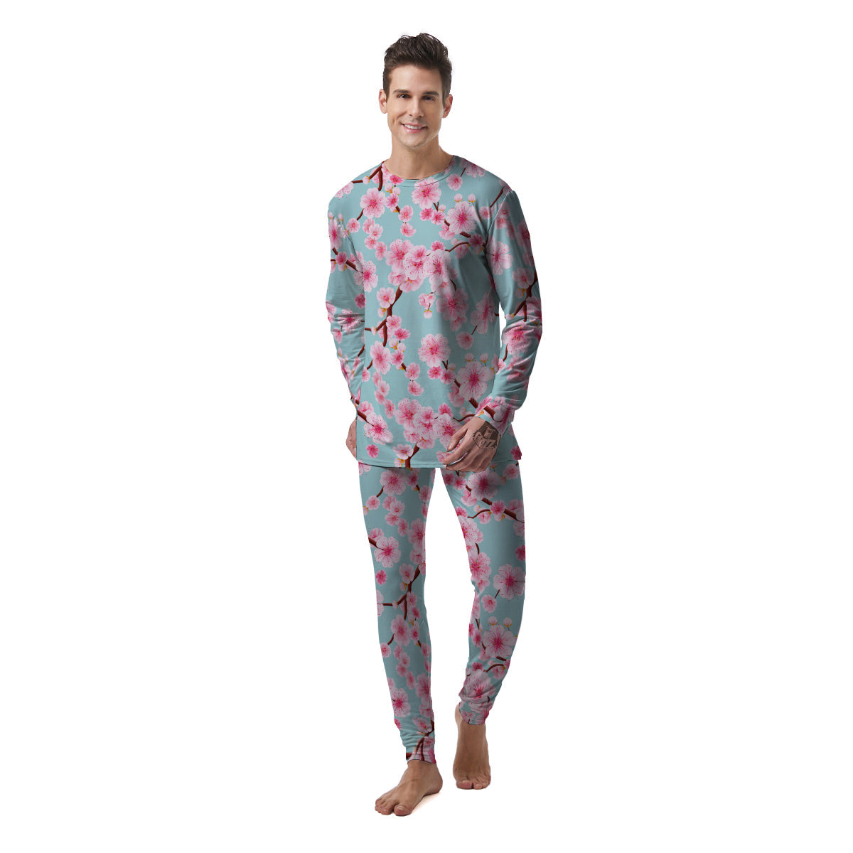 Cherry Blossom White Print Pattern Men's Pajamas-grizzshop