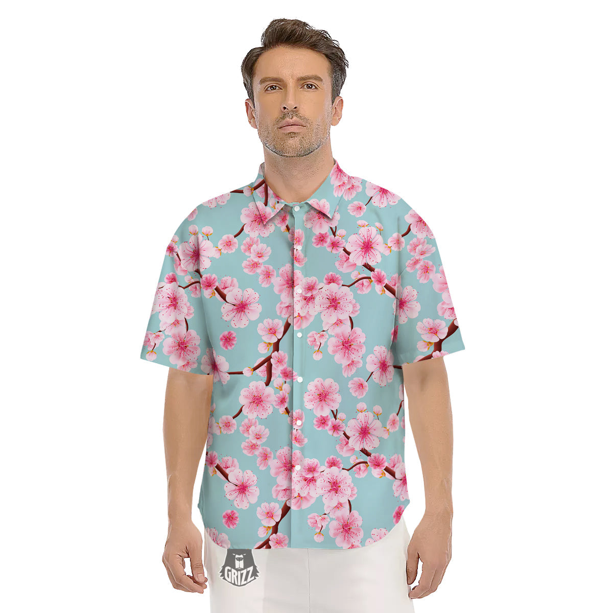 Cherry Blossom White Print Pattern Men's Short Sleeve Shirts-grizzshop