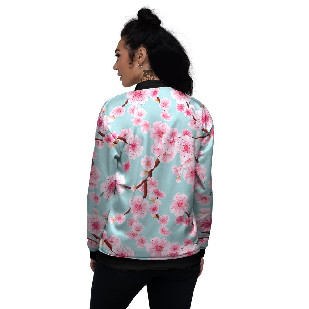 Cherry Blossom White Print Pattern Women's Bomber Jacket-grizzshop