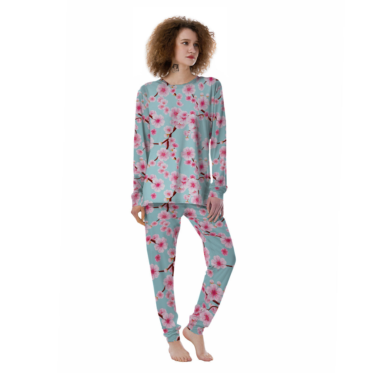 Cherry Blossom White Print Pattern Women's Pajamas-grizzshop