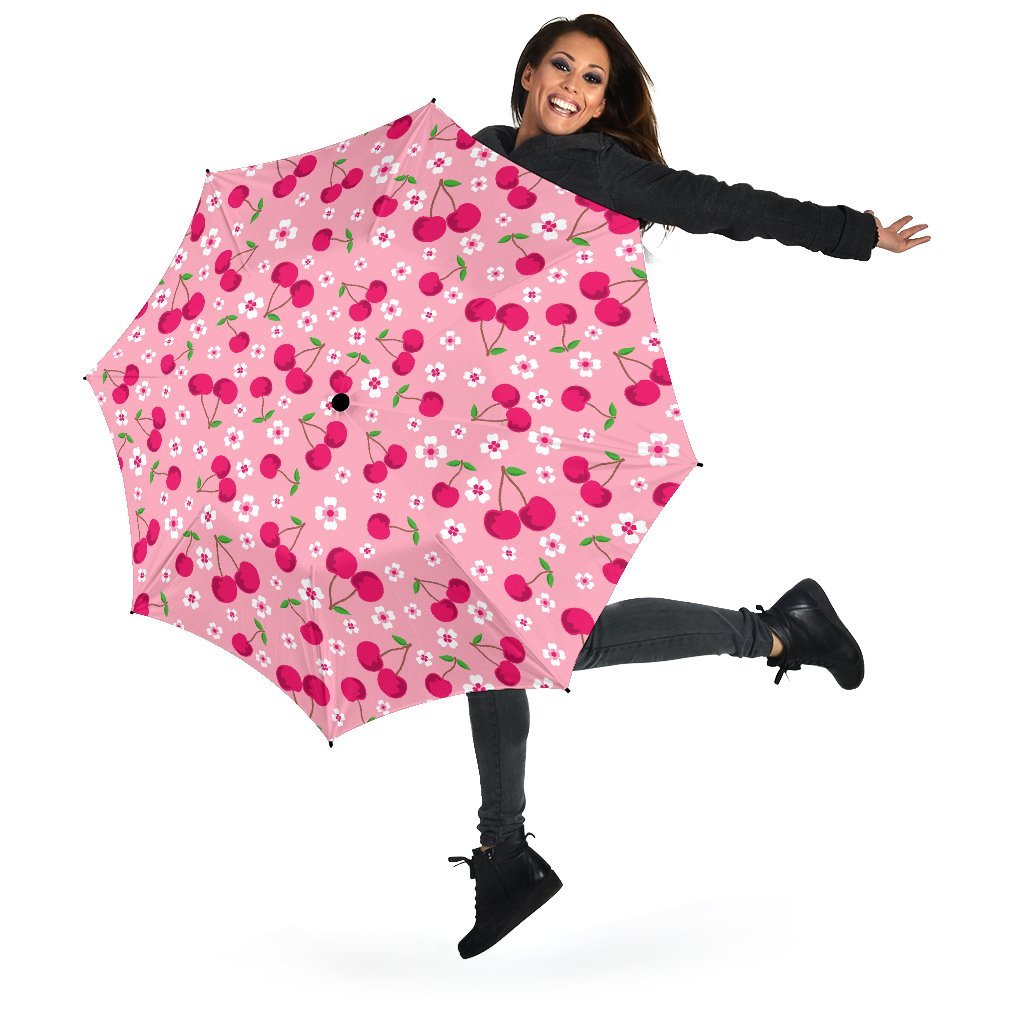 Cherry Floral Pattern Print Automatic Foldable Umbrella-grizzshop