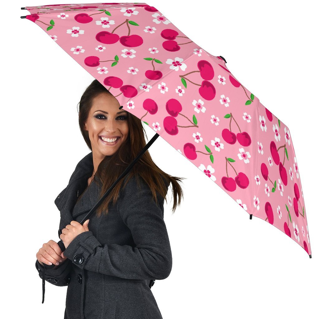 Cherry Floral Pattern Print Automatic Foldable Umbrella-grizzshop