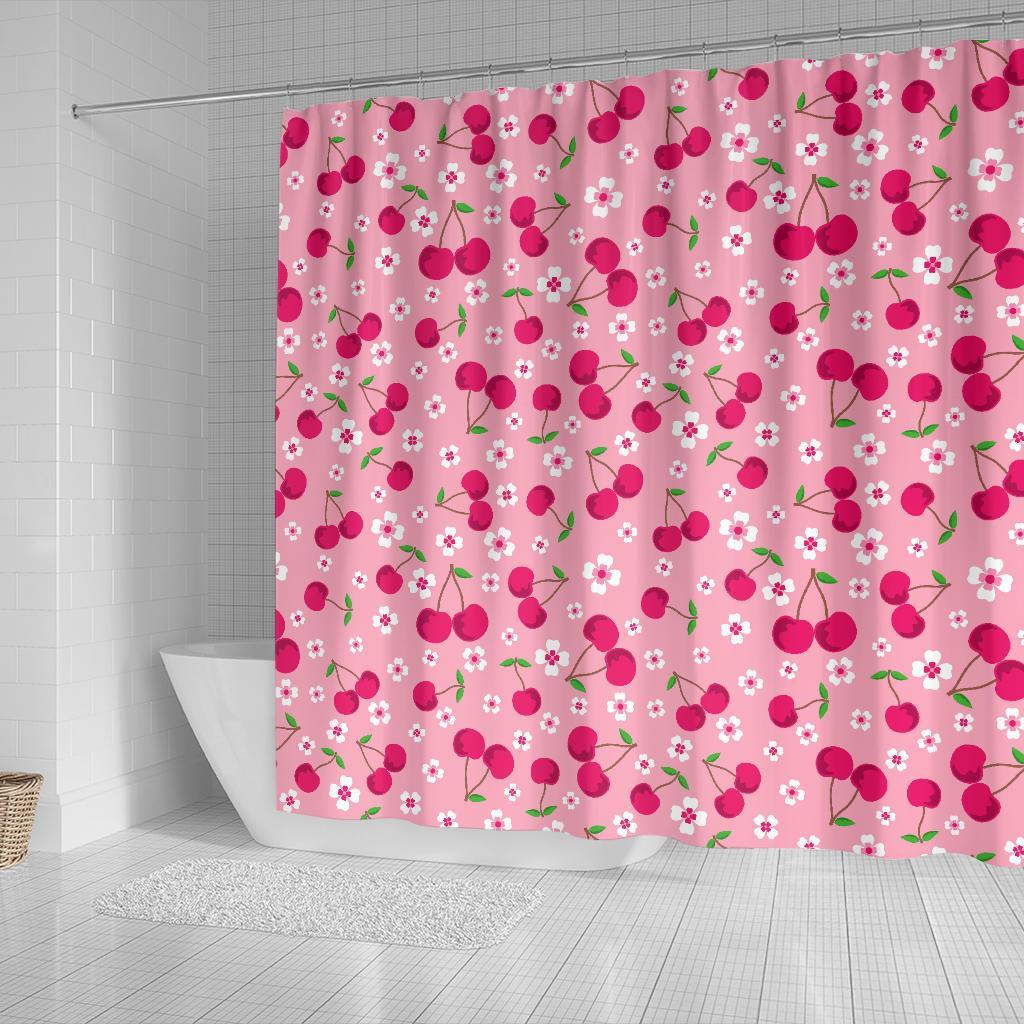 Cherry Floral Pattern Print Bathroom Shower Curtain-grizzshop