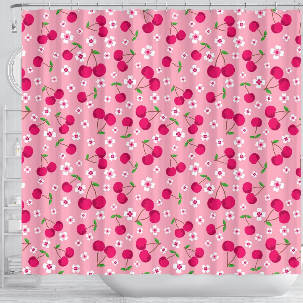 Cherry Floral Pattern Print Bathroom Shower Curtain-grizzshop