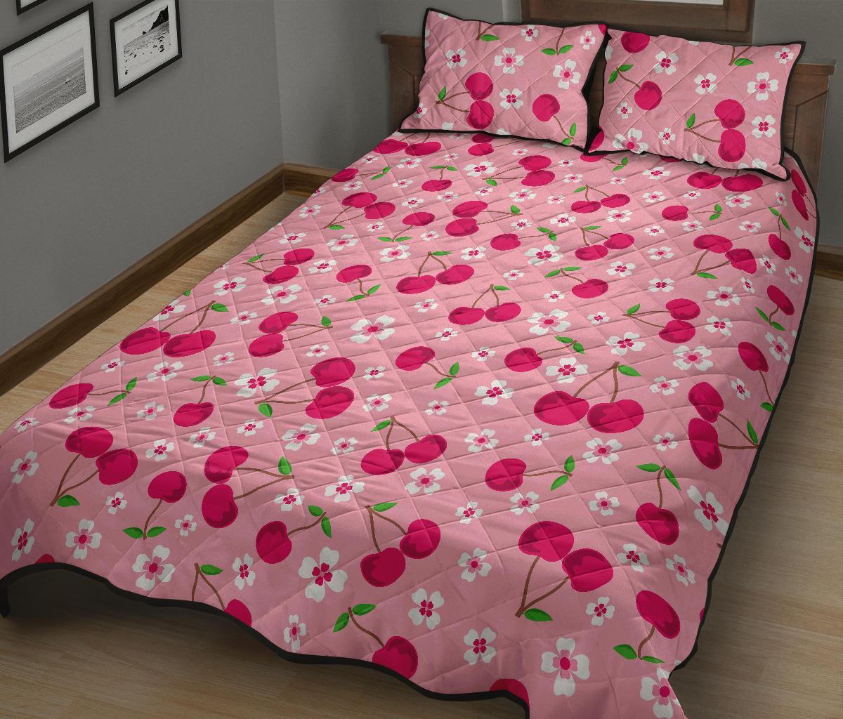 Cherry Floral Pattern Print Bed Set Quilt-grizzshop