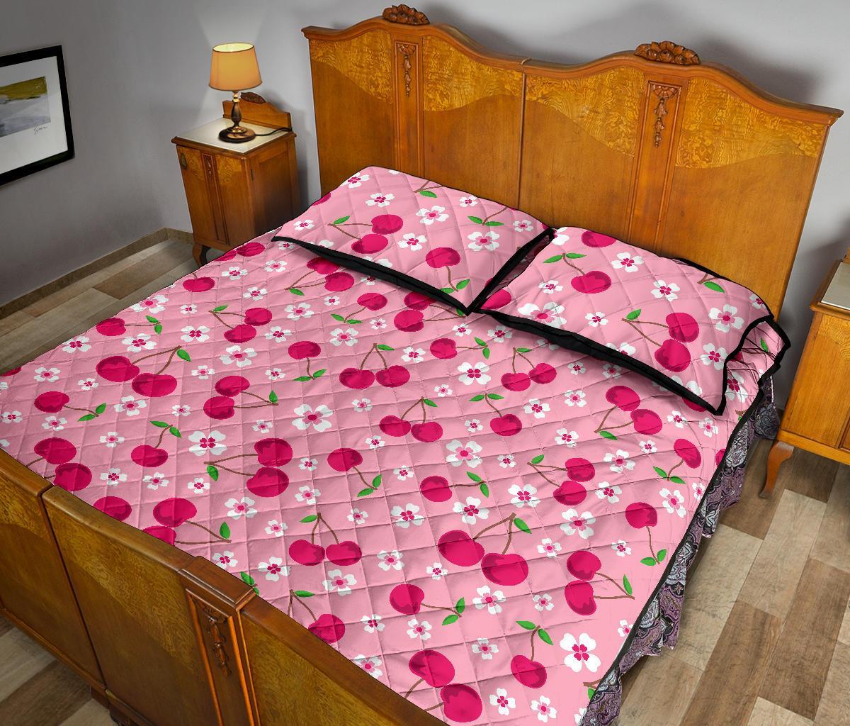 Cherry Floral Pattern Print Bed Set Quilt-grizzshop