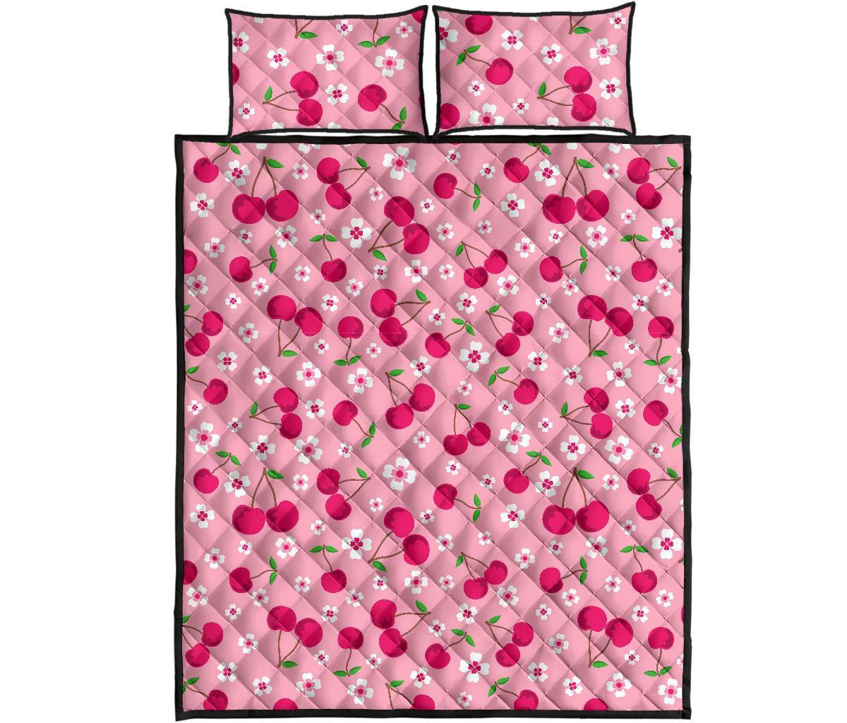 Cherry Floral Pattern Print Bed Set Quilt-grizzshop