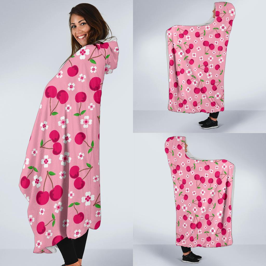 Cherry Floral Pattern Print Hooded Blanket-grizzshop
