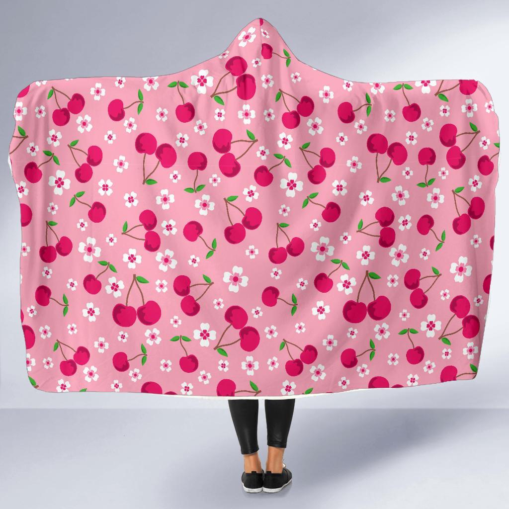 Cherry Floral Pattern Print Hooded Blanket-grizzshop