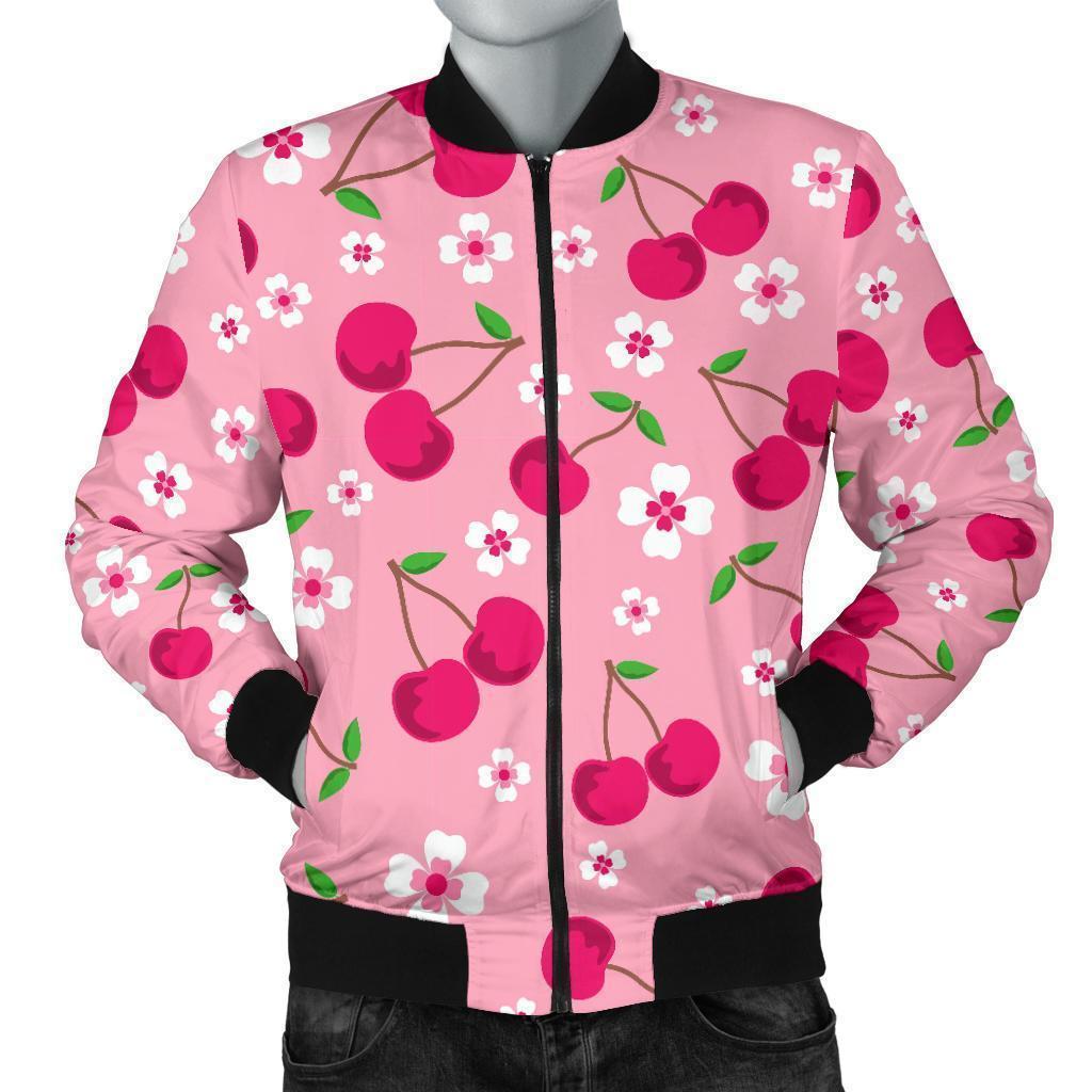 Cherry Floral Pattern Print Men's Bomber Jacket-grizzshop
