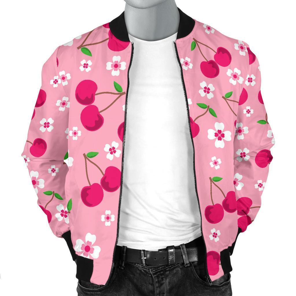 Cherry Floral Pattern Print Men's Bomber Jacket-grizzshop