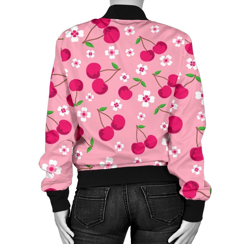 Cherry Floral Pattern Print Women Casual Bomber Jacket-grizzshop