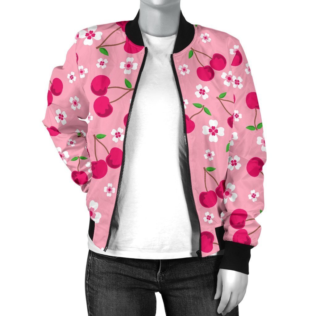 Cherry Floral Pattern Print Women Casual Bomber Jacket-grizzshop