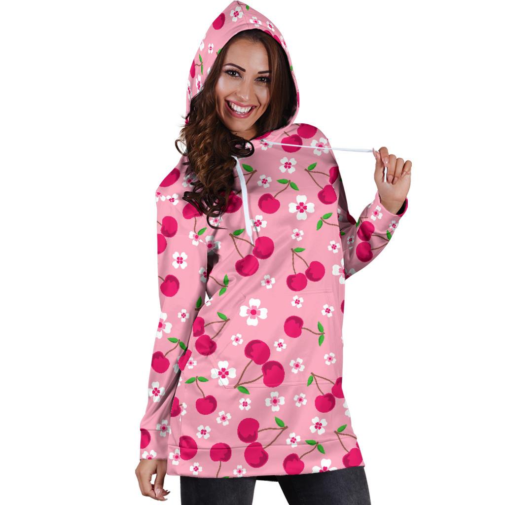 Cherry Floral Pattern Print Women Hoodie Dress-grizzshop