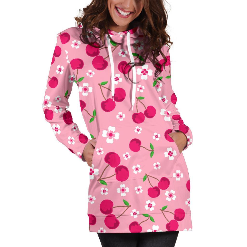 Cherry Floral Pattern Print Women Hoodie Dress-grizzshop