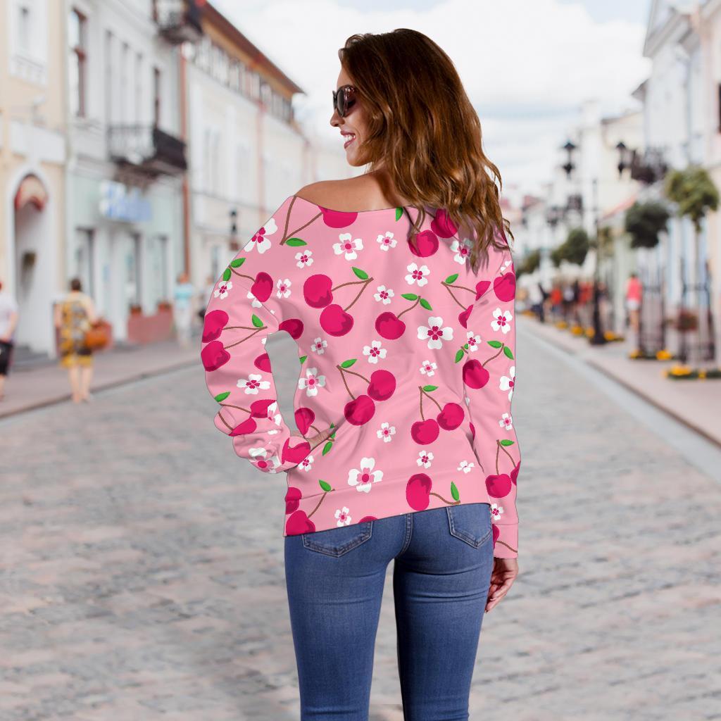 Cherry Floral Pattern Print Women Off Shoulder Sweatshirt-grizzshop