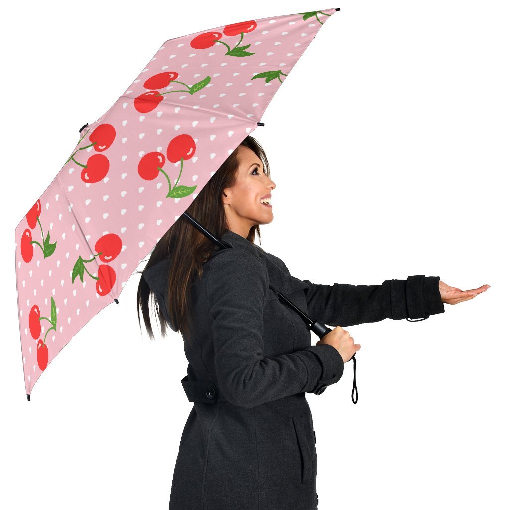Cherry Heart Dot Pattern Print Automatic Foldable Umbrella-grizzshop