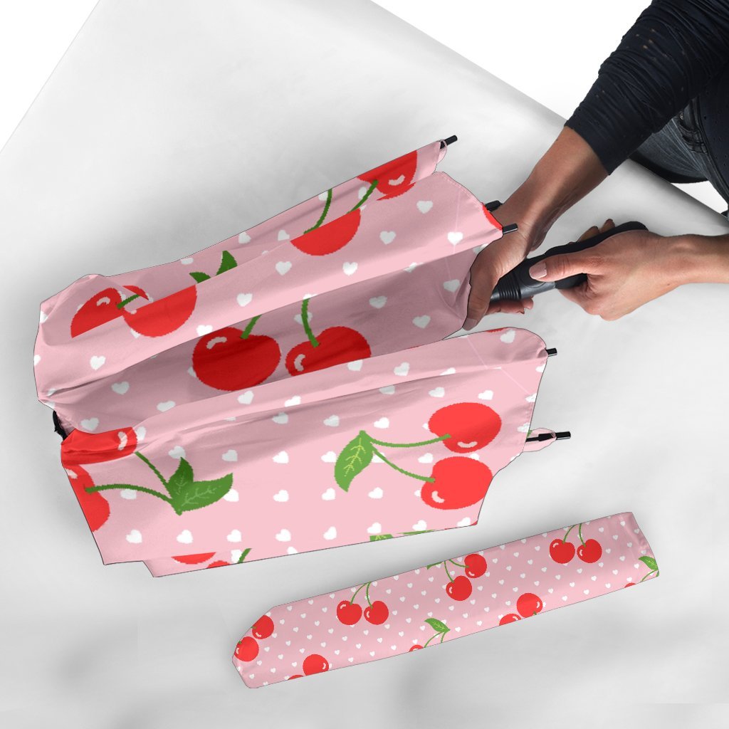 Cherry Heart Dot Pattern Print Automatic Foldable Umbrella-grizzshop