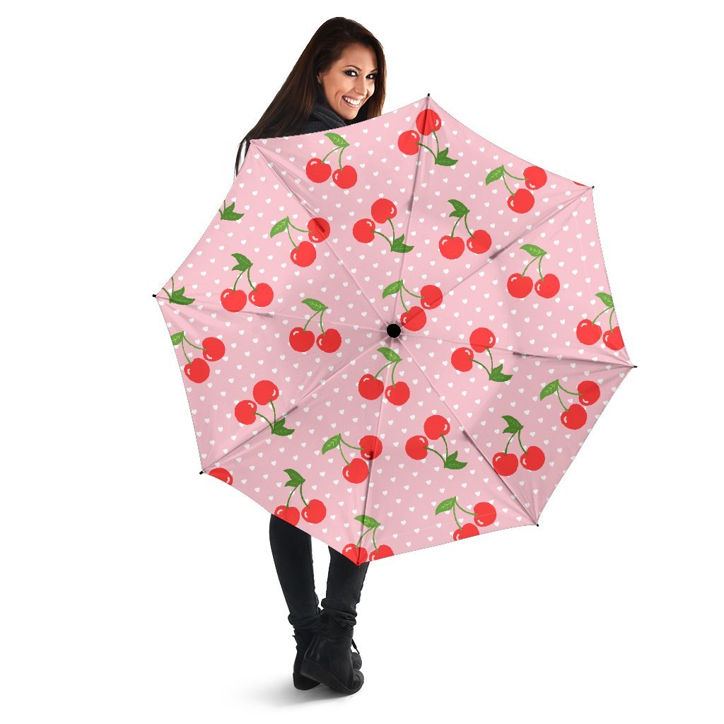 Cherry Heart Dot Pattern Print Automatic Foldable Umbrella-grizzshop