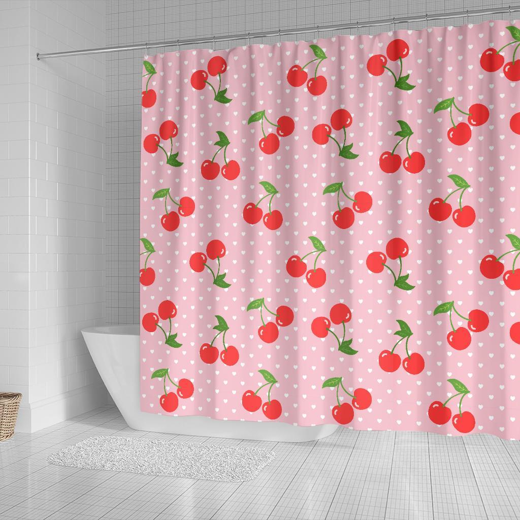 Cherry Heart Dot Pattern Print Bathroom Shower Curtain-grizzshop