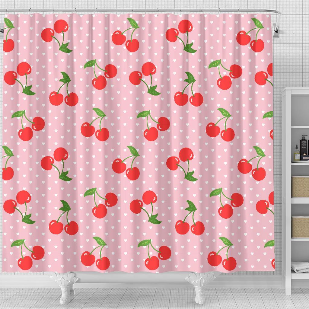 Cherry Heart Dot Pattern Print Bathroom Shower Curtain-grizzshop