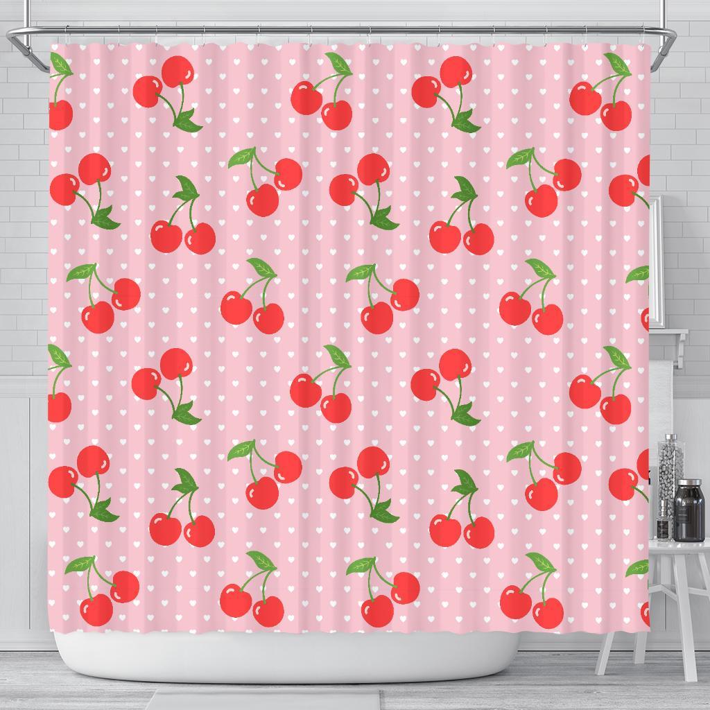 Cherry Heart Dot Pattern Print Bathroom Shower Curtain-grizzshop