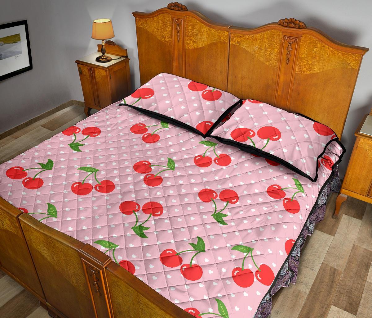 Cherry Heart Dot Pattern Print Bed Set Quilt-grizzshop