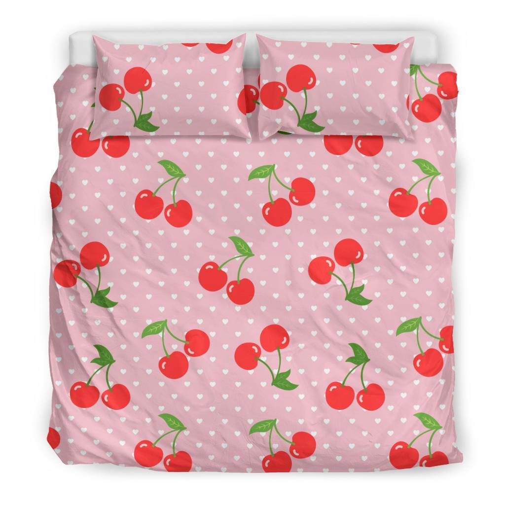 Cherry Heart Dot Pattern Print Duvet Cover Bedding Set-grizzshop