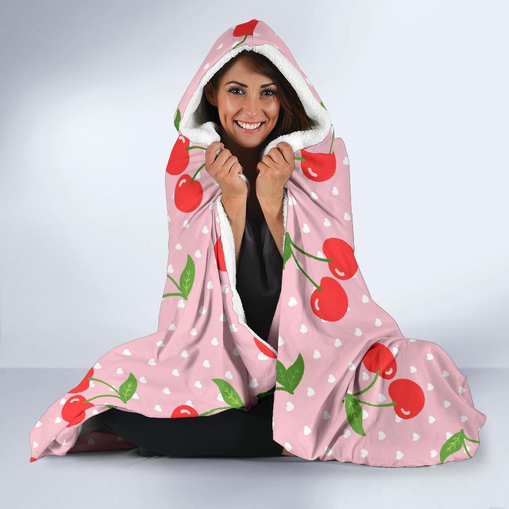 Cherry Heart Dot Pattern Print Hooded Blanket-grizzshop