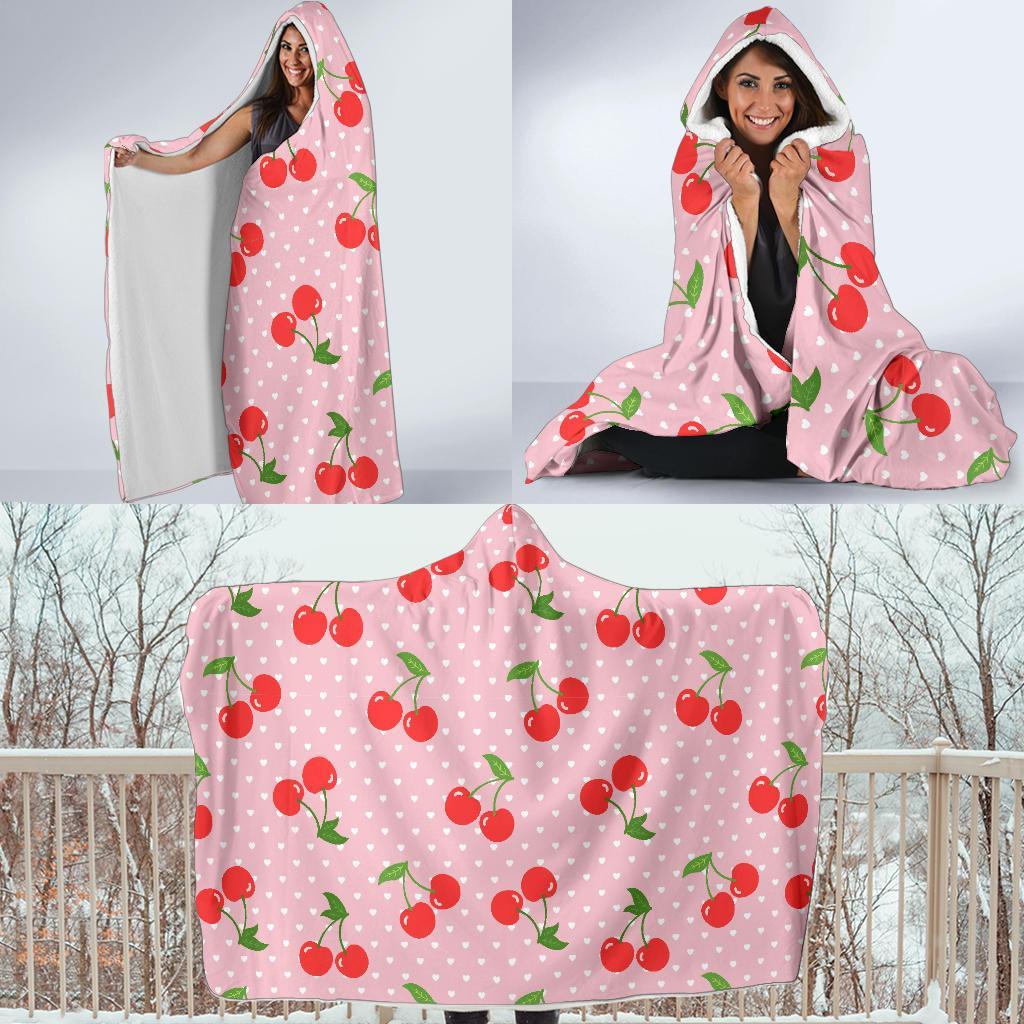 Cherry Heart Dot Pattern Print Hooded Blanket-grizzshop