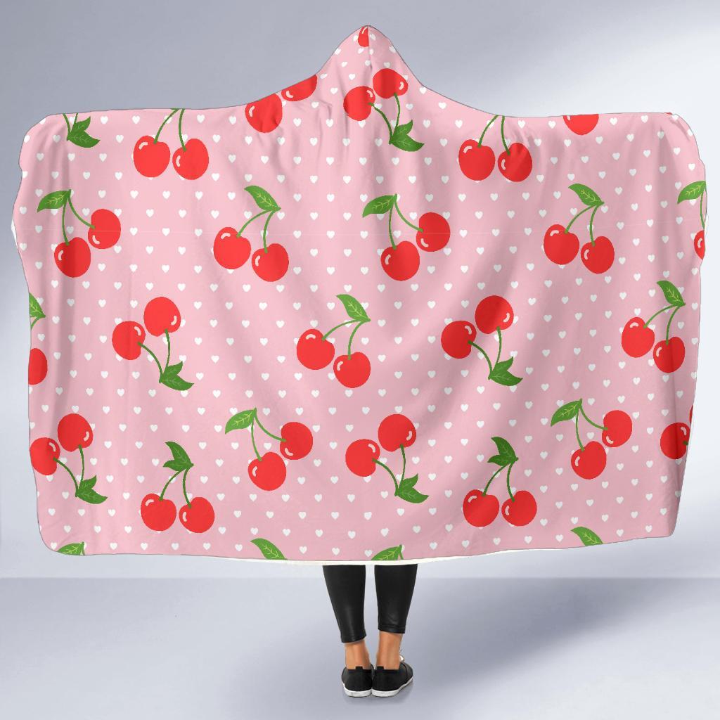 Cherry Heart Dot Pattern Print Hooded Blanket-grizzshop