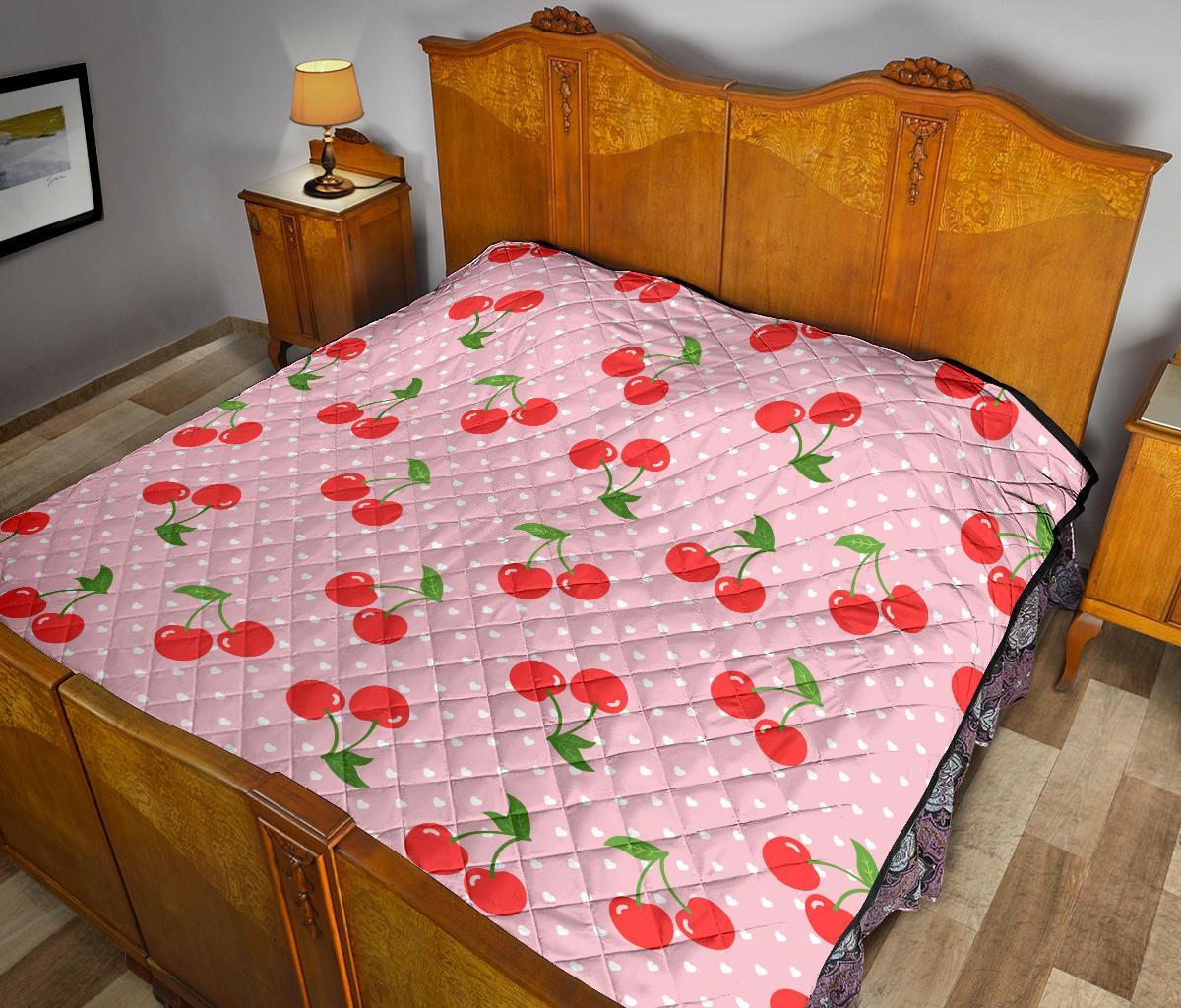 Cherry Heart Dot Pattern Print Quilt-grizzshop