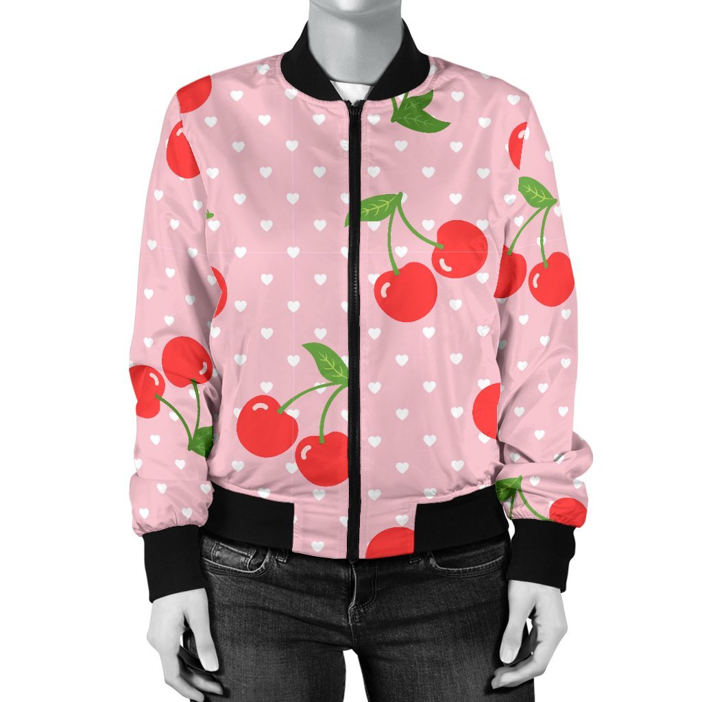 Cherry Heart Dot Pattern Print Women Casual Bomber Jacket-grizzshop