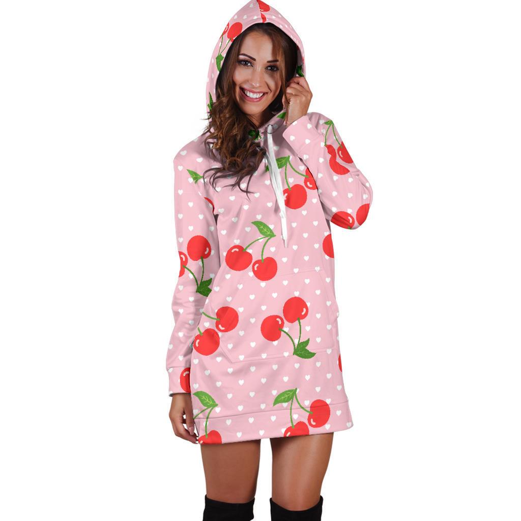 Cherry Heart Dot Pattern Print Women Hoodie Dress-grizzshop