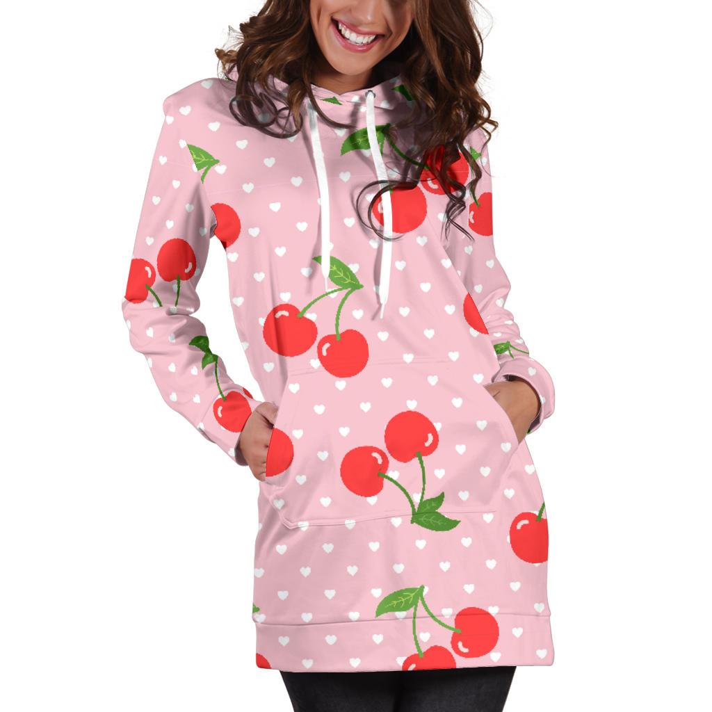 Cherry Heart Dot Pattern Print Women Hoodie Dress-grizzshop