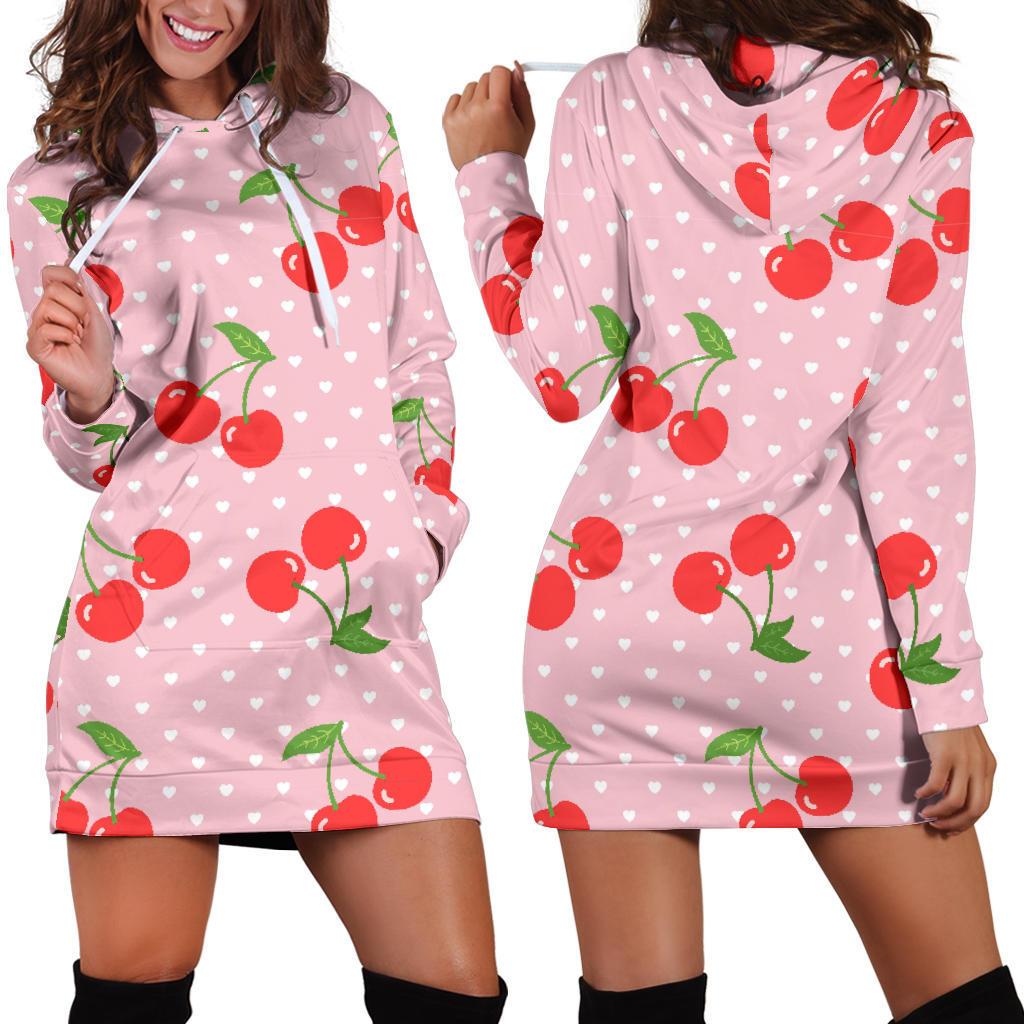 Cherry Heart Dot Pattern Print Women Hoodie Dress-grizzshop