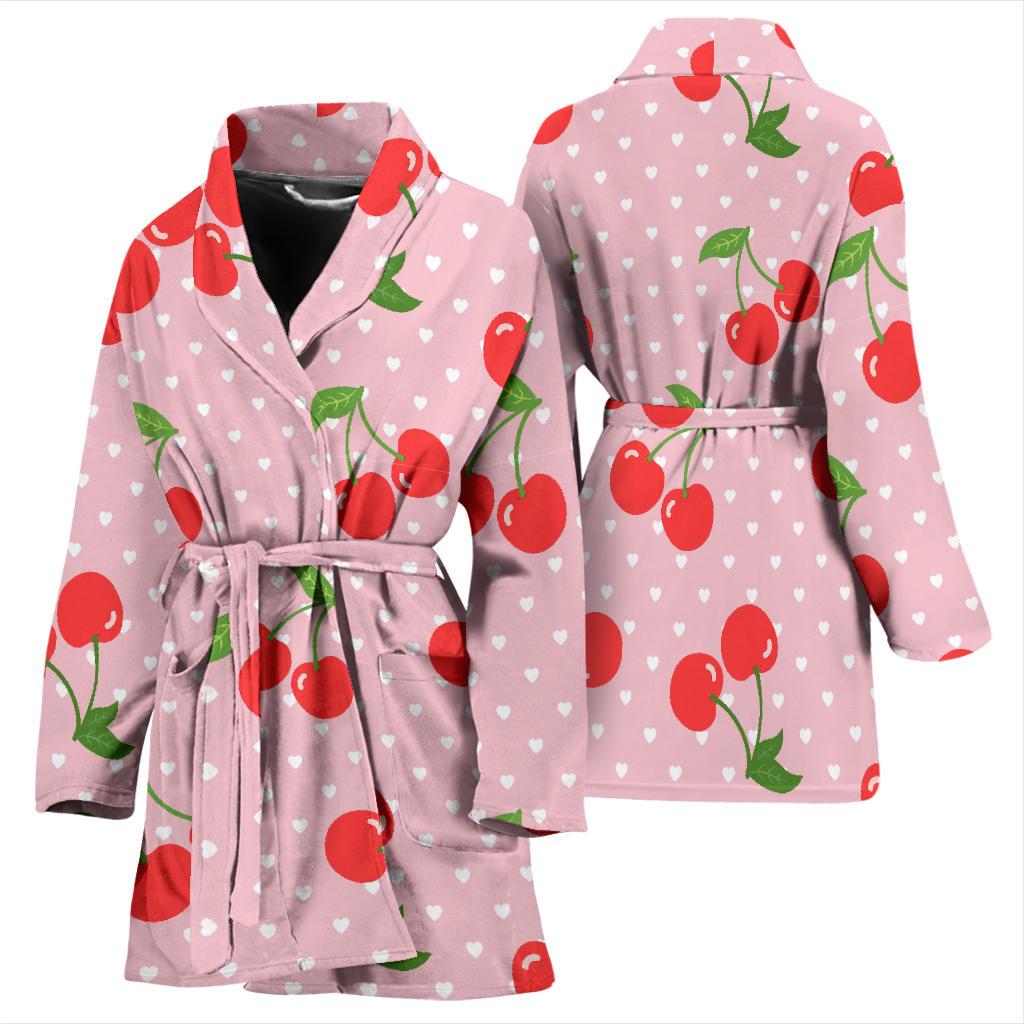 Cherry Heart Dot Pattern Print Women Long Robe-grizzshop