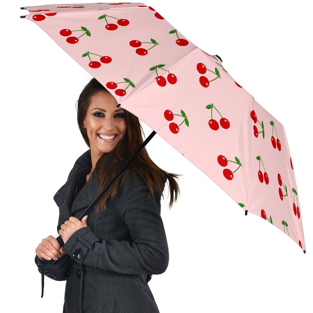 Cherry Pink Pattern Print Automatic Foldable Umbrella-grizzshop