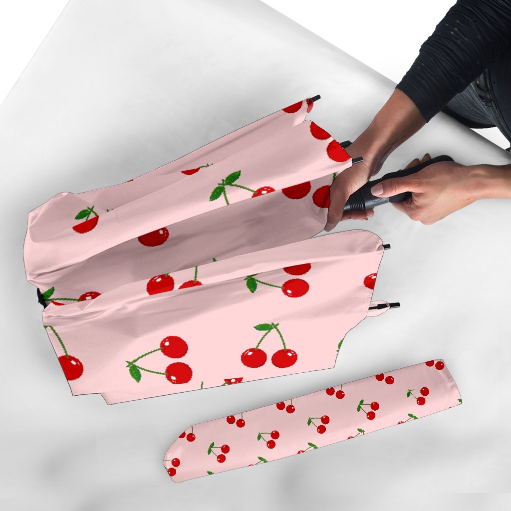 Cherry Pink Pattern Print Automatic Foldable Umbrella-grizzshop